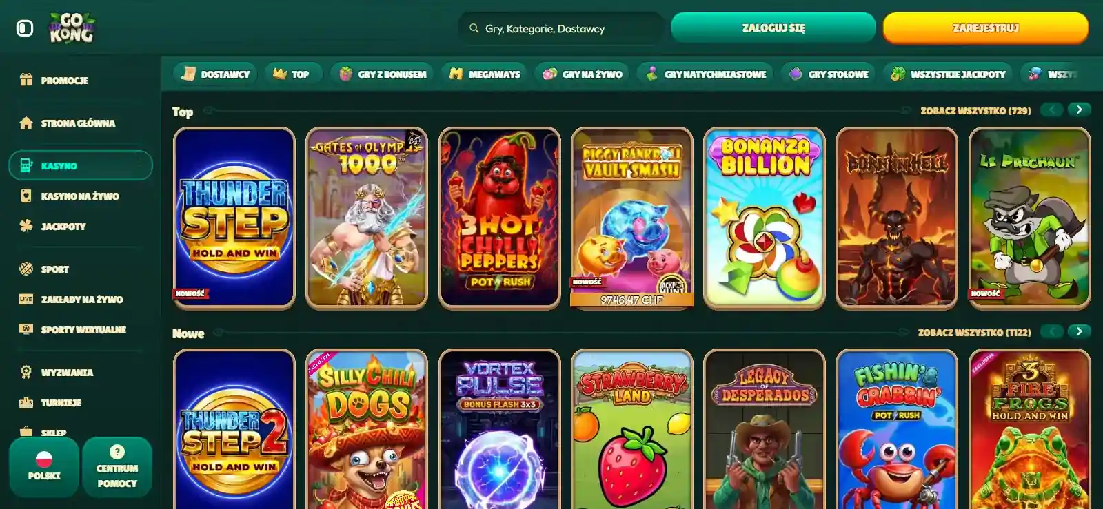 Lobby gier GoKong z kategoriami slotów i stołów