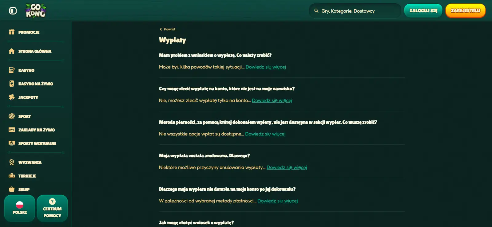 Ekran wypłaty GoKong lub oficjalne warunki wypłat