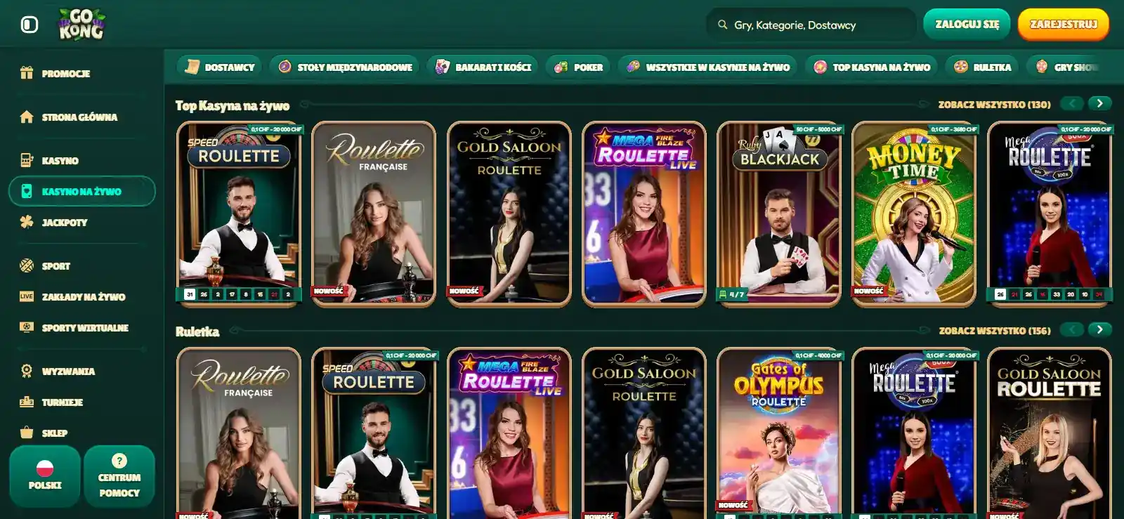 Lobby live casino GoKong z kategoriami stołów